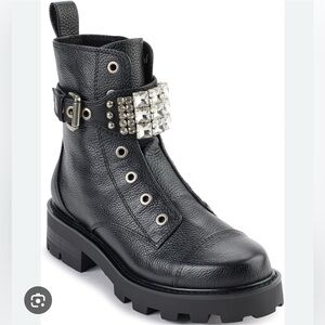 Karl Lagerfeld Black Leather Moto Boots with Studded Strap